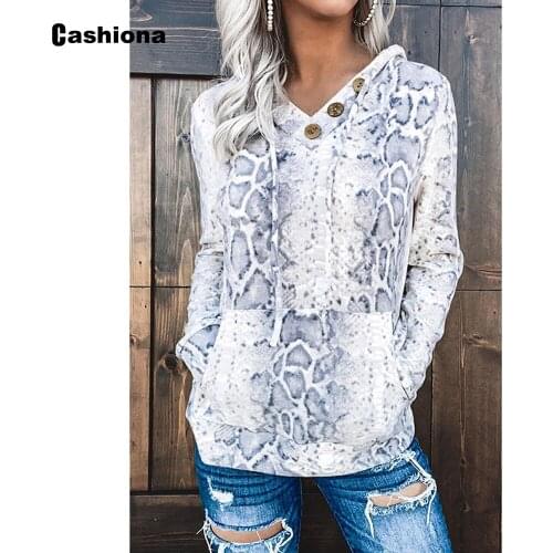 2020 Spring Autumn Women Hooded Sweatshirt Patchwork Buttons Snakeskin Print Tops Streetwear Plus size Femme Casual Sweatshirts