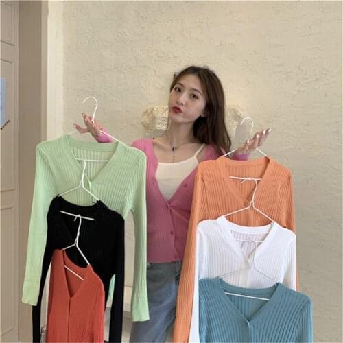 2020 Women V-Neck Knitted Full Sleeve Thin Simple Sweaters Cardigans Lady Knit Short Stretchy Outwear Coat Top for Female ZY4986