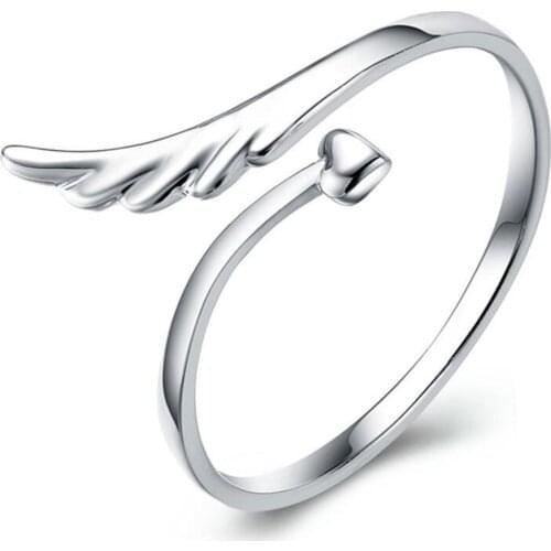 ANENJERY 925 Sterling Silver Love Ring Angels Wings Opening Rings For Women anel Gift (Inner Diameter 16mm) S-R155