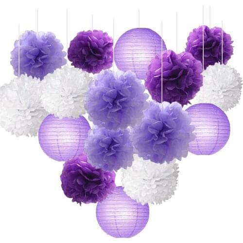 16pcs Tissue Paper Flowers Ball Pom Poms Mixed Paper Lanterns for Lavender Purple Themed Birthday Wedding Party Decor
