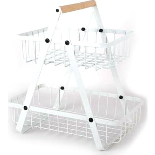 2-Tier Metal Fruit Basket Portable Kitchen Storage Countertop Shelf Rack for Fruits Household Toiletries Withe
