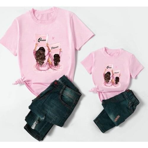 2021 Fashion Family Look Tshirt Matching Family Outfits Queen Mother & Princess Daughter Print Pink T-shirt Woman Girls Clothes
