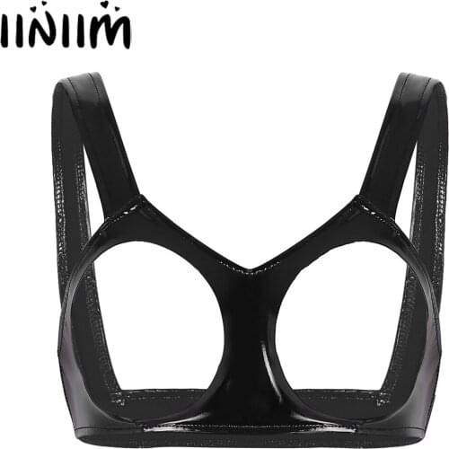 Sexy Clubwear Women Wet Look Leather Bustier Latex Mini Bra Porno Open Cups Bra Underwear Female Hollow Out Nipples Unlined Bra