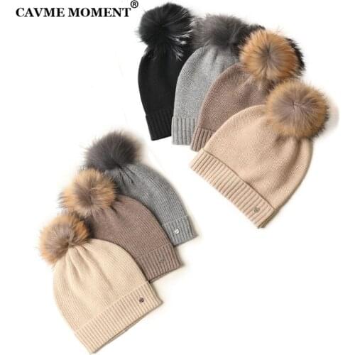 CAVME Real Fur Pompon Skullies Beanies Winter Cashmere Hats Unisex Solid Color Pure Cashmere Casual Hat Luxury Gift FREE SIZE