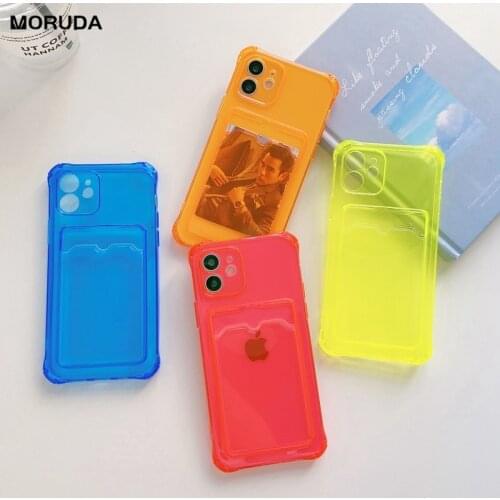 Luxury Fluorescent Clear TPU Wallet Card Slot Phone Case for iPhone Xs Max X Xr 8 7 Plus iPhone11 11 Pro 12 Transparent Cover