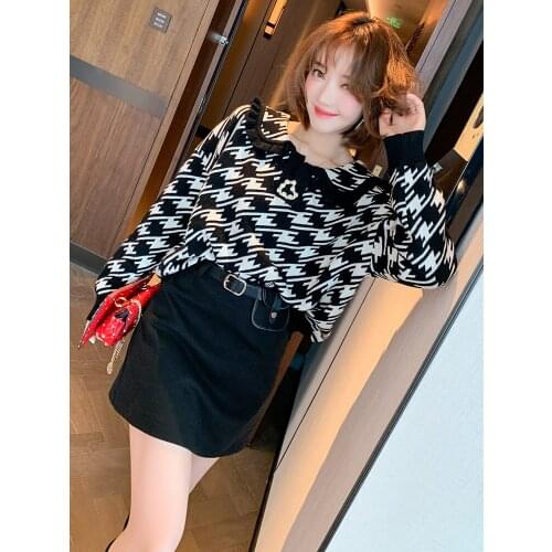 Wooden ear doll collar geometric blended western style loose knit sweater womens 2020 winter new