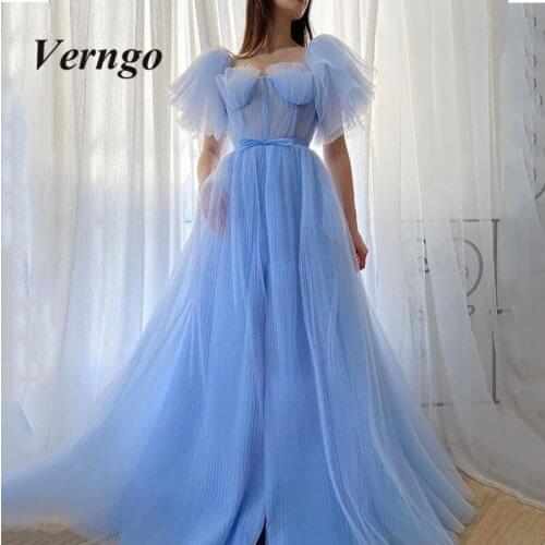 Verngo Elegant Light Sky Blue Prom Dresses Fluffy Sleeve Crumpled Tulle Long Formal Evening Dress 2020 Vestido de 15 Quinceanera