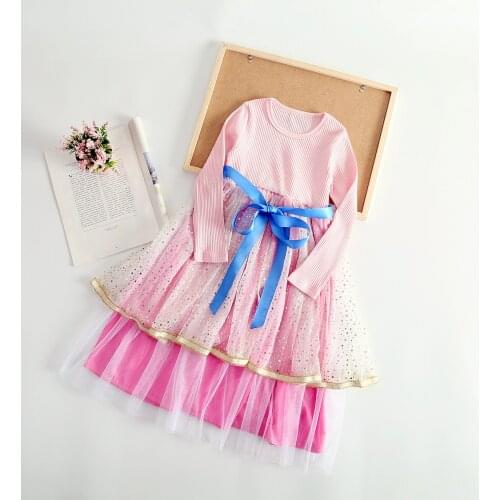 FOCUSNORM Princess Baby Girls Cosplay Party Dress Long Sleeve Lace Patchwork Bowknot A-Line Dress Clothes 3-9Y