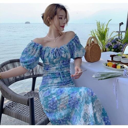 French Style Vintage Oil Painting Print Mixi Dress Women Short Sleeve Square Collar Bandage Beach Dress Summer Holiday Vestidos