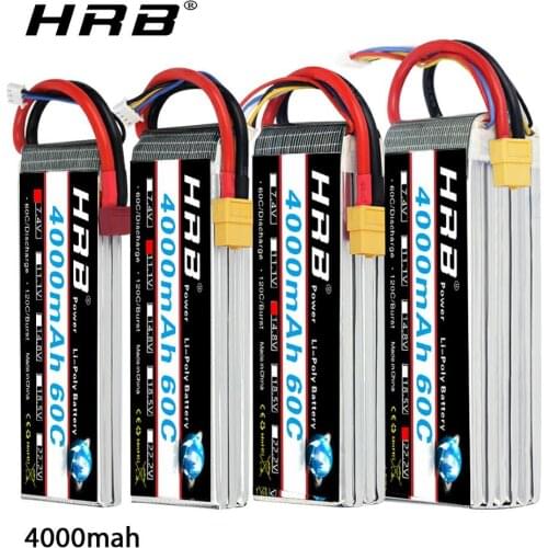 HRB RC Lipo Battery 3S 4S 5S 6S 4000mah 14.8v 22.2v Lipo 60C XT60 plug for rc car boat drone trex 500 550 600E Align helicopter