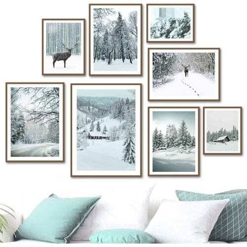 Pine Tree Deer Snow Chalet Mountain Woods Wall Art Canvas Painting Nordic Posters And Prints Wall Pictures For Living Room Decor