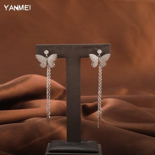 Petite Butterfly Tassel Long Earrings Chain Shiny Zircon Fashion Accessories Black High-end Crystal Jewelry свадебные аксессуары