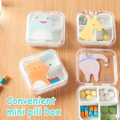 Mini Storage Medicine Pill Box 4 Slots Transparent Cute Cartoon Portable Empty Plastic Container Cases Travel Accessories
