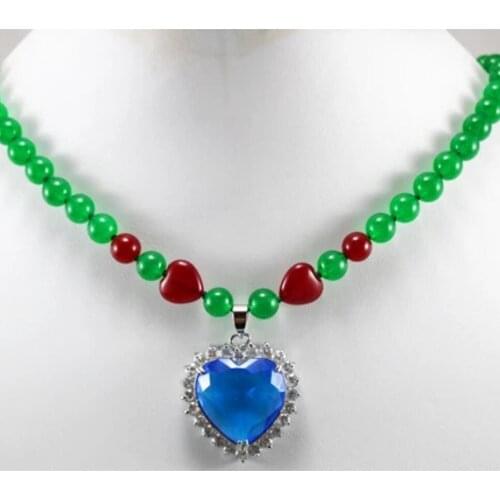 Fashion design 8mm green Malay jade + heart Accessories + metal silver plated Blue Heart Pendant Necklace