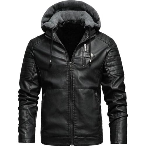 Mens 2021 Winter Fleece Casual Motor Hooded PU Leather Jackets Coat Men Autumn Outwear Fashion Punk Style Hat Leather Jacket Men