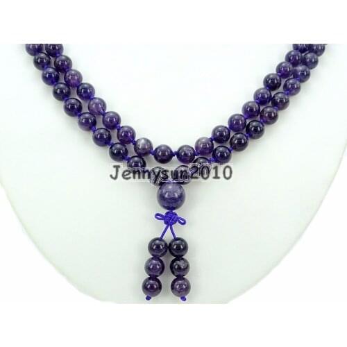 Natural Ame-thyst 8mm Gems Stone Buddhist 108 Beads Prayer Mala Knot Necklace Multi-Purpose 5Strands/Pack