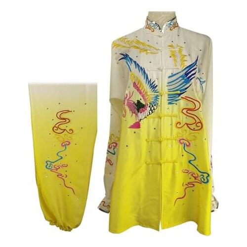 Customize gradient yellow Embroidery flower phoenix sequins martial arts clothing wushu clothing tai chi suits kung fu uniforms