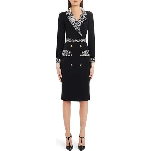 Blazer Dress Office Ladies Elegant Pencil Midi Knee Length Dresses Women Slim Leopard Double Breasted Work Wear Female Clothes