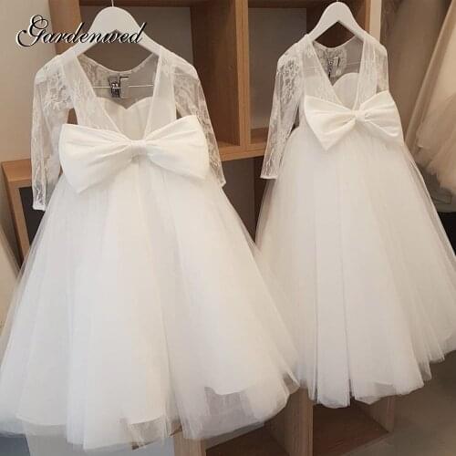 Gardenwed Tulle Scoop Flower Girl Dresses Full Lace Appliques Sleeves Celebrity Dress Bow Satin Prom Dress vestidos de comunión