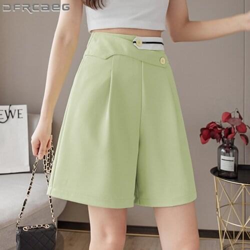 White Summer Wide Leg Shorts For Woman 2021 High Waist Knee Length Loose Bermuda Casual Capris Suit Short Trousers Femme Green
