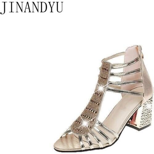 Rhinestone Silver Gold High Heels Gladiator Sandals Women Summer Block Heels Size 41 Women Sandals Summer Shoes Party High Heel