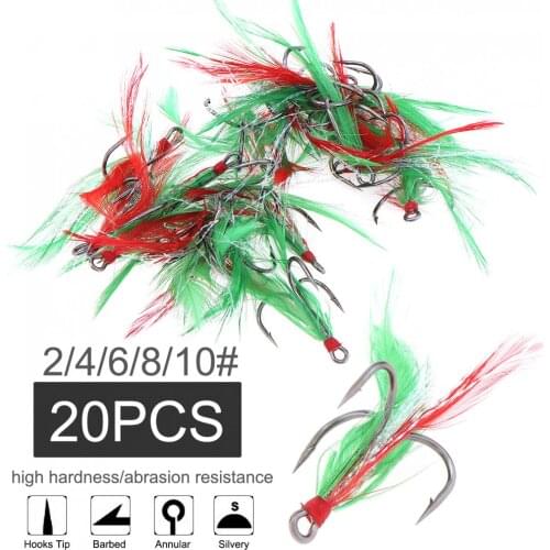 20pcs/lot Feather Treble Fishing Hook 2# 4# 6# 8# 10# Tied Round Bend Barbed Triple Hooks with Green & Red Feather