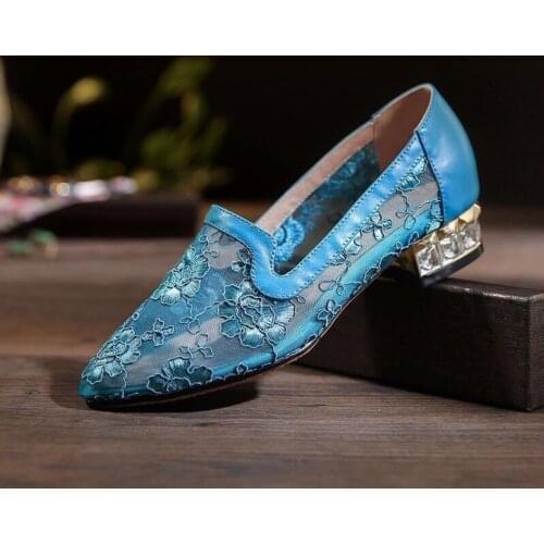 Lace Embroidery Casual Fashion High-Heeled Ladies Single Shoes Summer Breathable Pointed Solid Color Ethnic Casual Shoes