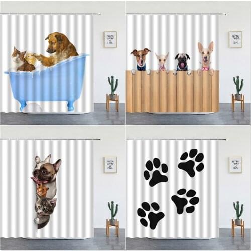 Funny Pet Cat Dog Printed Shower Curtains Cute Animal Bathroom Curtain Washable Child Bathtub Home Decor Screens Set With Hooks