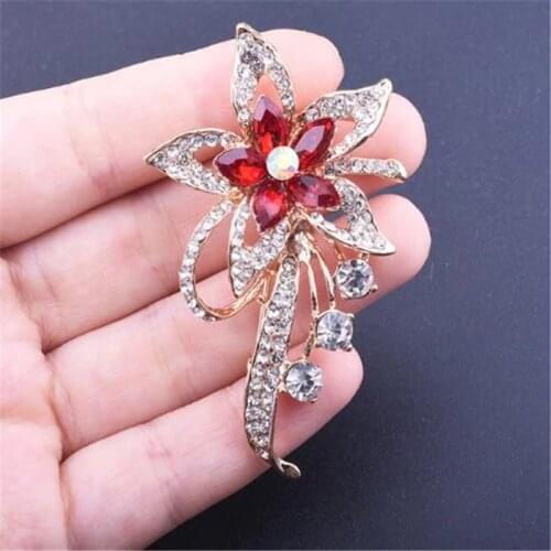 Flower Brooches Crystal Large Brooch For Women Elegant Fashion Pin Red Crystal Brooch Wedding Jewelry Dress Coat Accessories