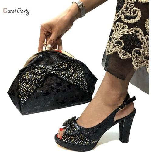 Black Color Ladies Shoes and Bag Set Nigerian Decorated with Rhinestone Italian Shoes with Matching Bags High Heels Party Shoes