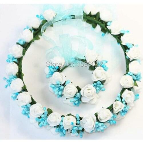 Cute Foam Rose Flower Crown Wristband Set Blue White Bridal Head Jewelry Garden Wedding Birthday Party Women Children Headwear