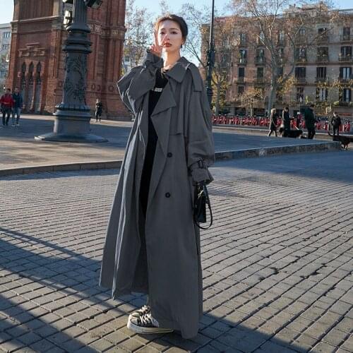 Korean Style Loose Oversized X-Long Womens Trench Coat Double-Breasted Belted Lady Cloak Windbreaker Spring Fall Outerwear Grey