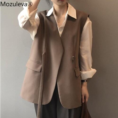 Mozuleva 2021 Office Ladies Sleeveless Belt Single Breasted Blazer Vest Women Casual Suit Jacket Quality Outwear Tops Coats
