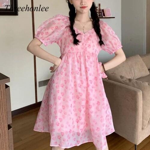 High Quality Women Korean Pink Floral Mini Dress Vintage Puff Sleeve Sundresses Female Summer Korean Casual Birthday Party Dress