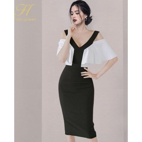 H Han Queen 2021 New V-Neck Off The Shoulder Vestidos Simple Work Wear Dress Womens Office Bodycon Sheath Casual Pencil Dresses