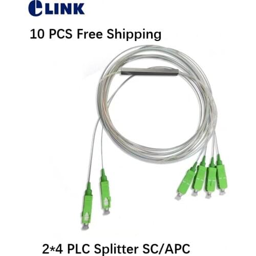 10 PCS 2*4 PLC splitter mini housing SC/APC 1mtr white cable 2 to 4 fiber optic coupler Steel tube type 0.9mm free shipping