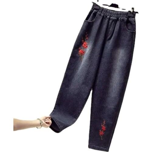 2021 Fashion Embroidered Jeans Women Autumn Winter Thick Loose Plus Size Denim Harem Pants Elastic-Waist Casual Trousers