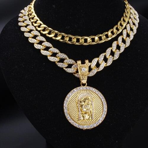 Men Full Iced Out Miami Curb Cuban Chain & Round Jesus Head Pendant Hip Hop Rapper Gold Necklace Religious Jewelry Set