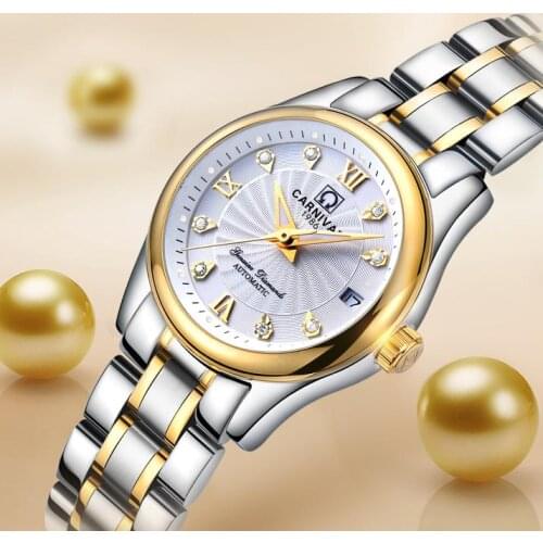 Carnival Women Automatic Watch Brief With Rhinestone Date Luxury Mechanical Watch Women Dress Watch Small Dis 26mm