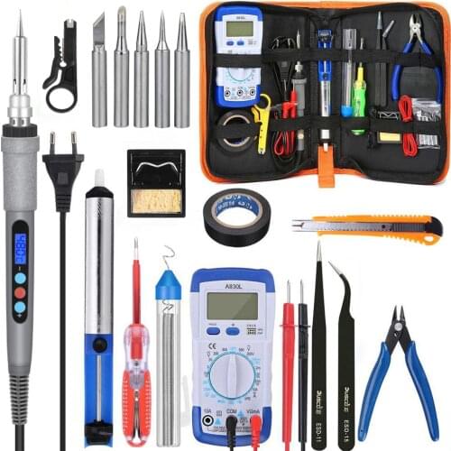 110V 220V 60W Adjustable Temperature Electric Soldering Iron Kit Multimeter Desoldeirng Pump Plier Welding Repair Tool EU Plug