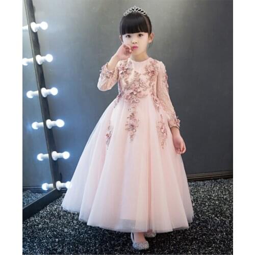 KICCOLY New Elegant Girl Pink Lace Long Sleeve Dress Child First Communion Dress Baby Girl Formal Wedding Dress Flower Girl Gown