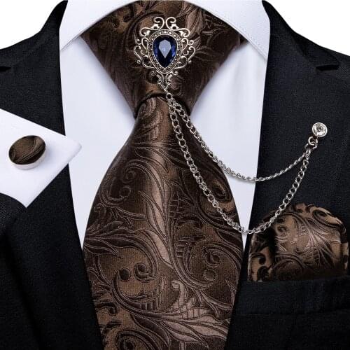 Brown Paisley Ties For Men Wedding Party Mens Neck Tie Set Hanky Cufflinks Blue Crystal Brooch Chain Gift For Men DiBanGu