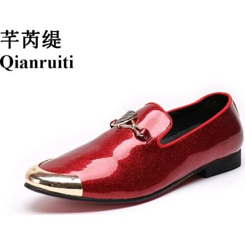 Men Patent Leather Leisure Shoes Gold Metal Toe Slip-on Loafers Luxury Handmade Casual Shoes EU39-EU46 Red and Black