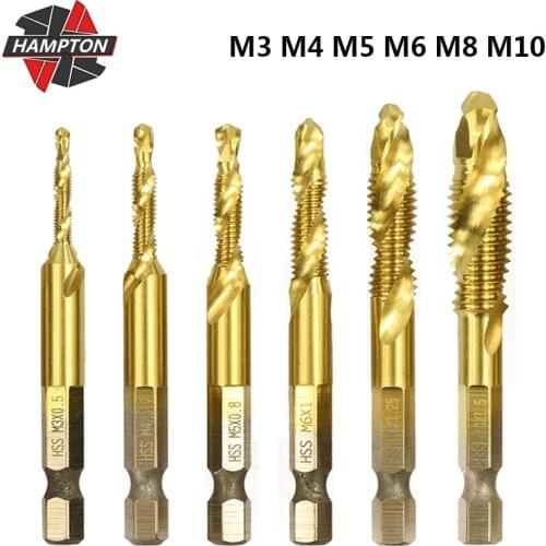 Hampton M3-M10 Titanium Coating Metric Plug Tap HSS Screw Tap Drill Bit 1/4" Hex Shank Thread Tap For Metal Working Hand Tools