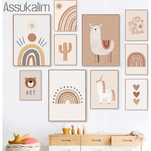 Unicorn Wall Art Posters Sun Rainbow Paintings Bear Alpaca Canvas Poster Cactus Print Boho Wall Pictures Baby Bedroom Decor