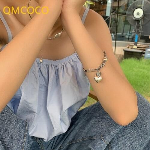 QMCOCO INS Trendy Classic 925 Silver Thick Chain Bracelets For Women Elegant LOVE Heart-Shape Birthday Party Fine Jewelry Gifts