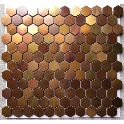 Hexagon Rose Gold Copper Metal Mosaic tile for kitchen backsplash imitated rust wall tile, Loft Retro industrial style