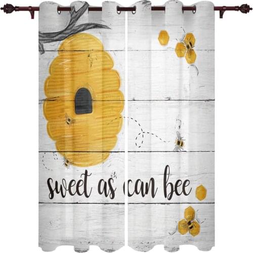 Bee Honey Wood Grain Hive Window Curtains Kids Room Living Room Curtain Panels Valance Curtains for Kitchen