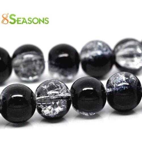 8Seasons Glass Loose Beads Round Black & Clear Crackle DIY Jewelry About 10mm Dia, 80cm long, 2 Strands (Approx 85 PCs/Strand)