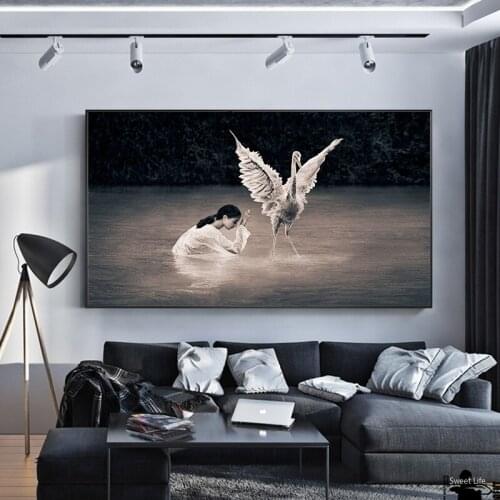 Creative Prayer Girl and Swan Canvas Art Paintings Black White Print and Poster Wall Art Bedroom Living Room Modern Home Decor